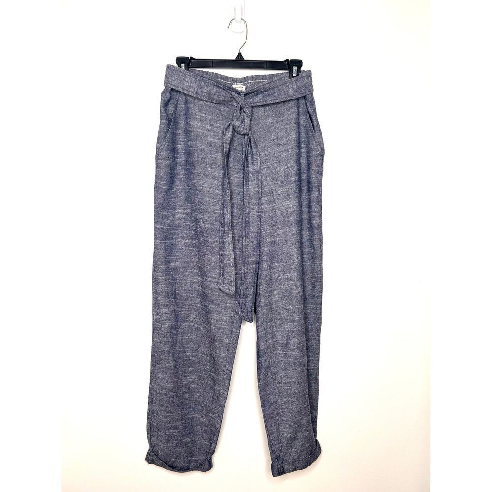 Max Studio Navy Blue Dye Linen Blend Pants Sz L Belt Cuffed Beachy Coastal Boho